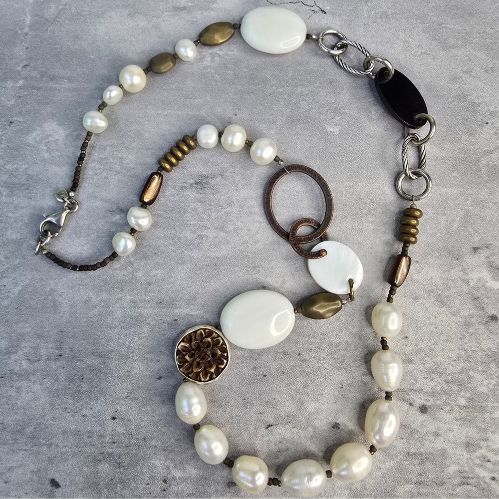 Silpada Retired Mixed Media Necklace Freshwater Pearl Shell Bronze 24 Inch